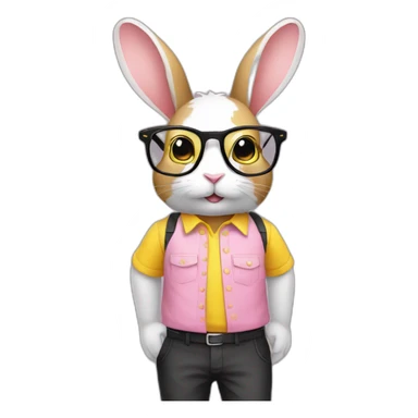 Specialist rabbit pink, glasses black, wears shirt yellow sticker