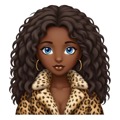 Dark Brunette girl blue eyes with long wavy hair in fluffy leopard fur coat  sticker