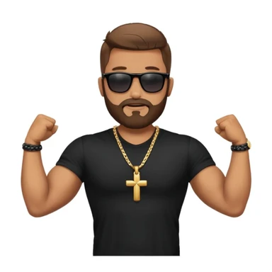 bearded man with sunglasses, black shirt, and cross necklace, flexing arms in a confident pose, outdoor background sticker