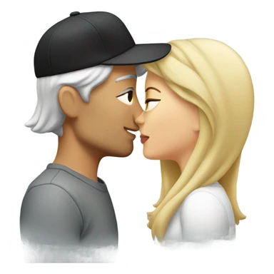 Woman with long blond hair kissing man with short grey hair and a black cap sticker