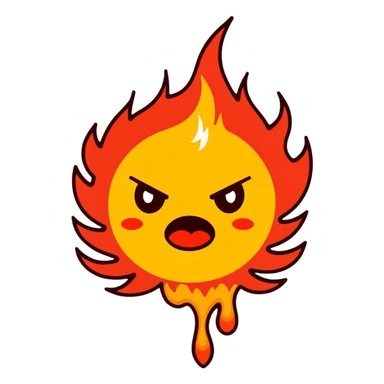 "A highly expressive emoji-style face with wide, bloodshot eyes and an open mouth, breathing a large burst of fire. The emoji has an exaggerated, cartoonish look with bright yellow and orange tones. The fire is detailed with red, orange, and yellow flames, creating a dramatic effect. sticker
