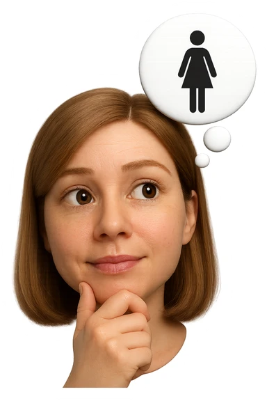 emoji stile iphone di una donna con nuvoletta di pensiero con all'interno la toilet per donne, iperrealistico 4k sticker