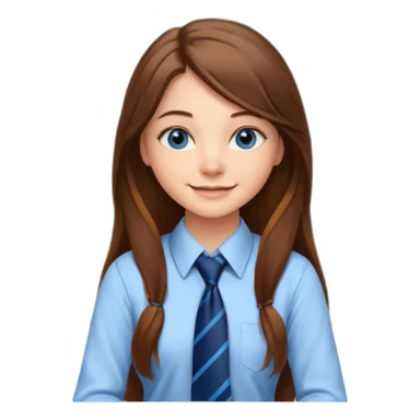 high school class room with a pretty female high school student with long brown hair, blue eyes, wearing a tie, sitting in front of the blackboard sticker