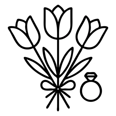 simple elegant icon of a bouquet of pink tulips with a ring, minimalistic style, transparent background sticker