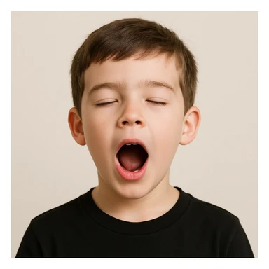 front image of a white boy with brown hair, semi-closed eyes, wide open mouth, black shirt, simple clean style, clear facial features sticker