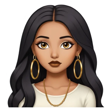 indian girl, brown skin, long black voluminous hair, brown underneath colored hair, baddie,pretty, makeup, lipliner, black eyeliner, gold hoop earrings, white top sticker