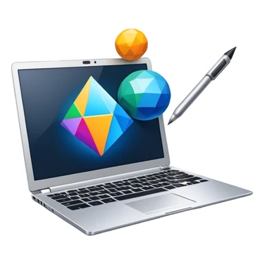 Professional icon for Graphic Design: a laptop with Photoshop open on the screen, displaying geometric shapes like spheres, cubes, and pyramids, along with a stylus. The icon should reflect the creative process in graphic design. Transparent background. sticker