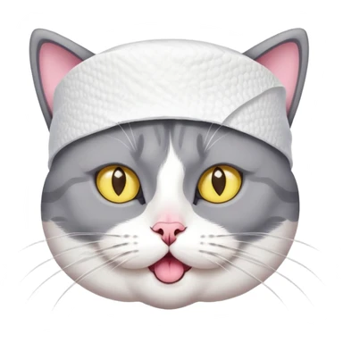 A gray and white cat with wide, surprised-looking yellow eyes. It appears to have a piece of toilet paper or paper towel on top of its head like a hat. sticker