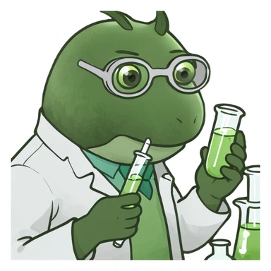 chemist in lab coat with chemical goggles holding a test tube, background with a board of chemical elements, bufo frog meme style, no text sticker