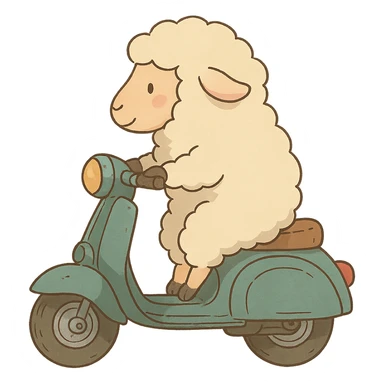 ghibli style cartoon sheep on a scooter sticker