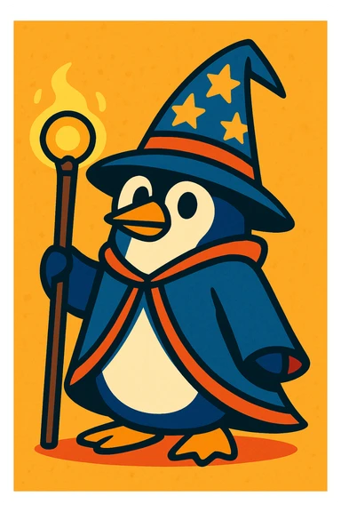 a penguin dressed as a wizard, with a pointy hat and a magic staff, vibrant cartoon style sticker