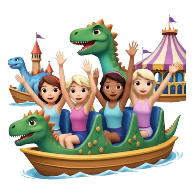 4 chicas montadas en una atraccion de levantando la mano con orejas de dines puestas en una atracción, la barca esta diseñada con dibujos de frozen sticker