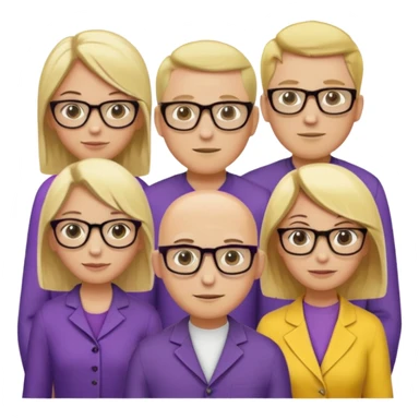 FIVE person team; 2 men and 3 women.  All dressed in yellow or purple.  2 caucasian women have blonde and 1 has ash blonde hair tied up.  1 man is black and bald, 1 man is caucasian and very little hair left.  All have glasses sticker