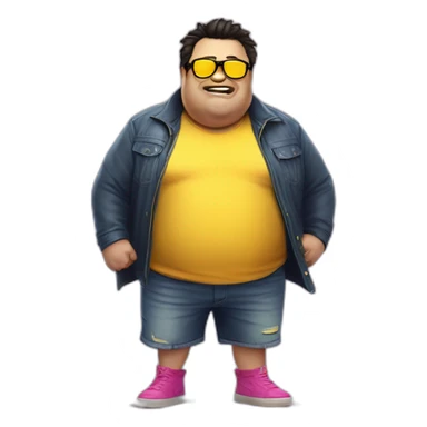 fat man with dark hair,a vibrant long yellow jacket, pink glasses, short jeans shorts. Show full lenght peson, person fighting a monster as superhero sticker