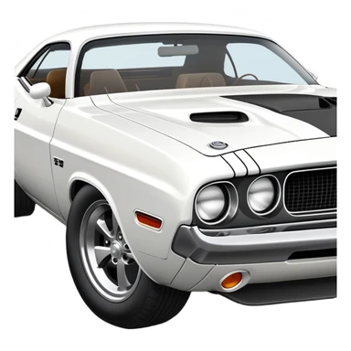 White 1971 Dodge Challenger with precise structure and proportions, consistent 30-degree angle view, showing detailed front fender and side profile, pure white color, iOS emoji style sticker