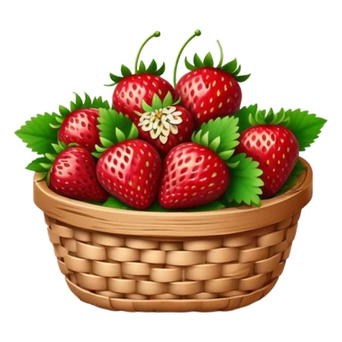 Cinematic ripe strawberrie, deep red, glossy with tiny seeds, green leaves still attached, gathered in a rustic basket, warm glowing background, fresh and sweet. sticker