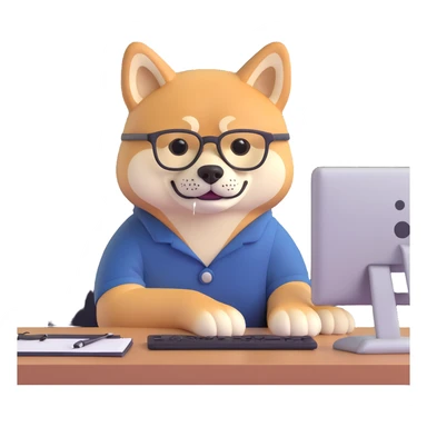 shiba inu with eye glasses and computer sticker