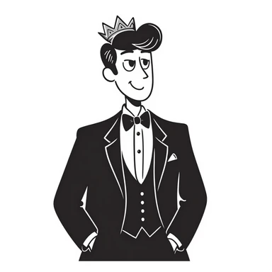 a princess man, elegant and regal, wearing a crown and royal attire, hand drawn doodle style sticker