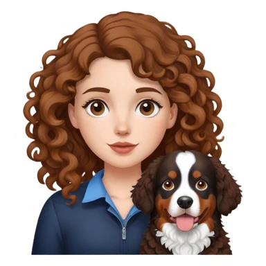 white girl with curly brown hair with a Bernese mountain dog sticker