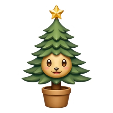 Un emoji représentant un petit sapin stylisé, sans bouche, avec deux grands yeux de biche brillants couleur cannelle. Style minimaliste, mignon et expressif, comme un sticker ou un emoji moderne. Fond parfaitement transparent, haute qualité, bien centré. sticker