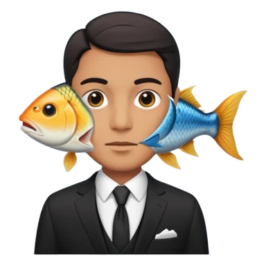 A man wearing nice black suite, and he has a fish head sticker
