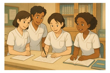 Four nursing students inspired by new photos, working together in a care station, Ghibli style, white short-sleeve medical tunics with V-neck and left chest pocket, no collars, no stethoscopes, no clothing extending from sleeves, professional and warm atmosphere. sticker