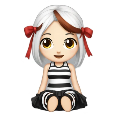 Frontal view curvy emo girl sits white skirt striped stockings hands up sticker