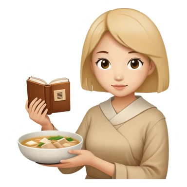 A woman holding a book with samgyetang in front of her in a bowl sticker