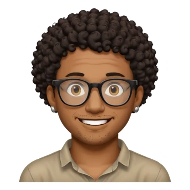 Black man smiling, short curly dark brown hair, black glasses, small tattoo on neck, artist, adventurous and exploration vibe sticker