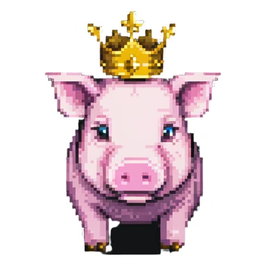 cute anime style pig with a golden crown, inspired by Technoblade, made out of Minecraft blocks, blocky and pixelated, expressive and charming sticker