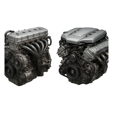 realistic 6-cylinder inline engine and a V6 engine side by side, detailed, metallic, no background sticker