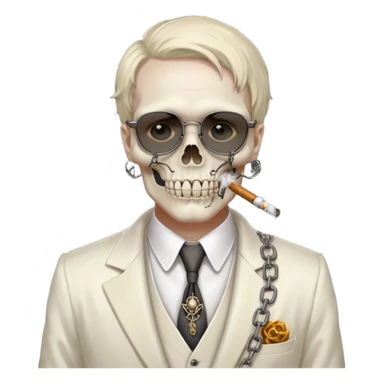 cinematic realistic - steampunk Megadeth - a gentleman in an ivory ethereal suit that smokes, has a skull instead of a head, wears rusty metal glasses with chains sticker