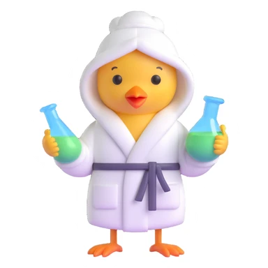 3D style chick in a bathrobe holding chemistry items in its hands sticker