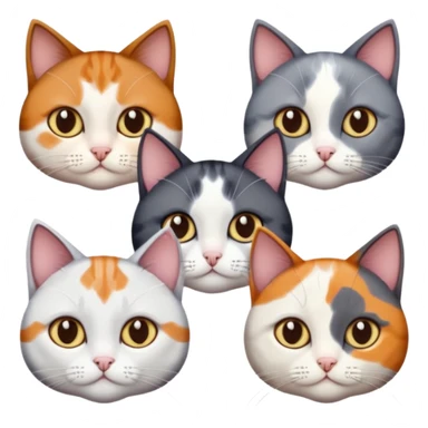 4 different coloured short haired cats including; a dark brown and white cat, and a dark grey and white, and a calico sticker