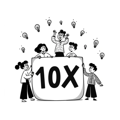 playful team illustration with '10x' and lightbulbs, hand-drawn look sticker