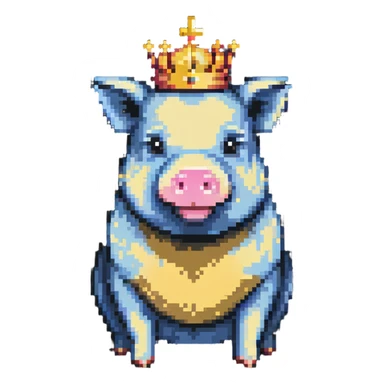 cute pig with a golden crown, chunky, colorful, simple, playful, pixel art style sticker
