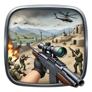 An icon representing a first-person shooter, inspired by Call of Duty. The design shows hands holding a rifle at the bottom of the screen, with enemies in the background and a detailed landscape. The action is intense, with gunfire and dynamic movement. Transparent background. sticker