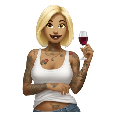 Blonde women in, her body covered with tattoos, wine in her one hand and pointing you with other hand sticker