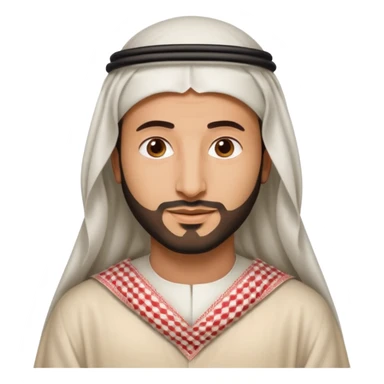 Emoji-style (Apple iPhone) illustration of Crown Prince Mohammed bin Salman, round and soft facial features, friendly and expressive, wearing a white thobe and red-and-white checkered shemagh, clean vector, minimal shading sticker