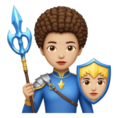 Emoji metisse femboy mais plus masculin avec drapeau ukrainien arriere plan, un afro, sourcils rouge, fourche trident, et eclairs et sur fond bleu clair irrisé. Peau lightskin, yeux marron et cheveux marron bouclés mais en mode afro pixi cut sticker