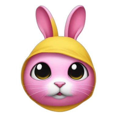 rabbit pink hiding eyes, wears teeshirt yellow sticker