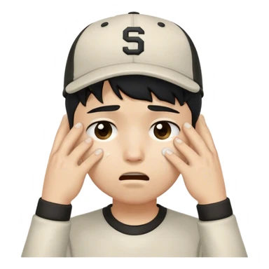"Create an emoji of a student boy with short black hair wearing a baseball cap. He has a sad expression, and tears are streaming down his face. His hands are wiping his eyes in frustration. The boy is wearing a casual school outfit, like a hoodie or t-shirt, and the overall vibe is one of sadness, like he’s overwhelmed by schoolwork or something personal. The background is simple and neutral to keep the focus on his emotional expression. sticker
