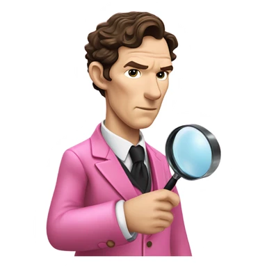 Benedict Cumberbatch-like Sherlock Holmes all in all intensive pink suit holding magnifying glass, upper body sticker