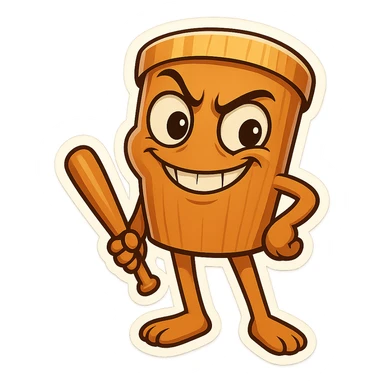 chibi emoji of Tun Tun Suhoor, wooden stick body with smooth brown texture, drum-like cylindrical body, holding baseball bat, cartoon style, bright vivid colors, expressive face, dynamic pose, a bit creepy yet funny,  sticker