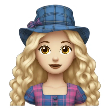 ragdoll with blond hair, pink hat and blue tartan dress sticker