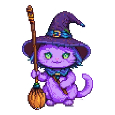 purple witch cat with a broom pixel art sticker
