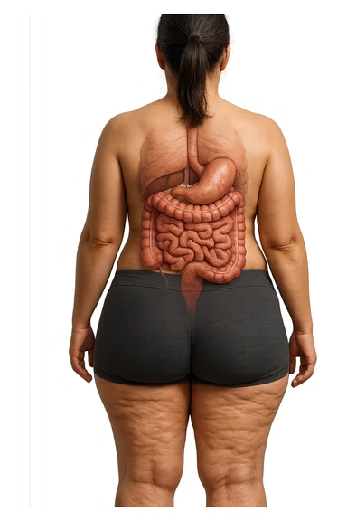 una donna di spalle a figura intera in gym shorts con cellulite e intestino umano anatomico, iperrealistica 4k
 sticker