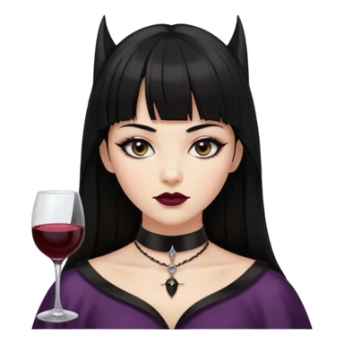 mulher cabelos pretos longos e lisos com uma franja curta acima dos olhos, olhos pretos com delineado, expressão séria, com um sorriso sensual e lábios cor de vinho, ela usa uma gargantilha preta com um pequeno pingente de morcego preto sticker