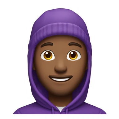 Man with brown hair with purple hoodie and purple beanie smiling from side sticker