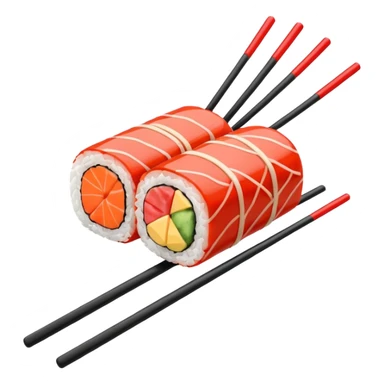 Japanese cuisine humanless avatar in minimalist emoji-style illustration. Sushi, roll and 2 chopsticks, clean lines, red white colors, flat design, calm and modern. sticker
